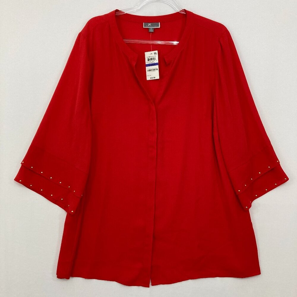 New JM Collection size XL Red Embellished 3/4 Sleeve Flowy Button Down